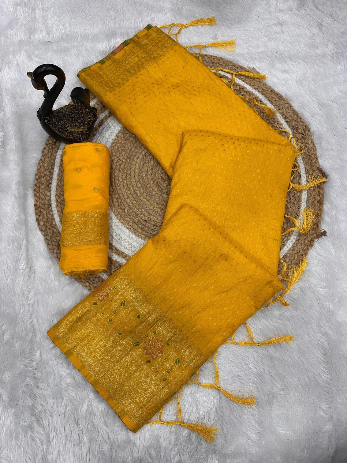 Impressive Yellow Soft Banarasi Silk Saree With Rhapsody Blouse Piece
