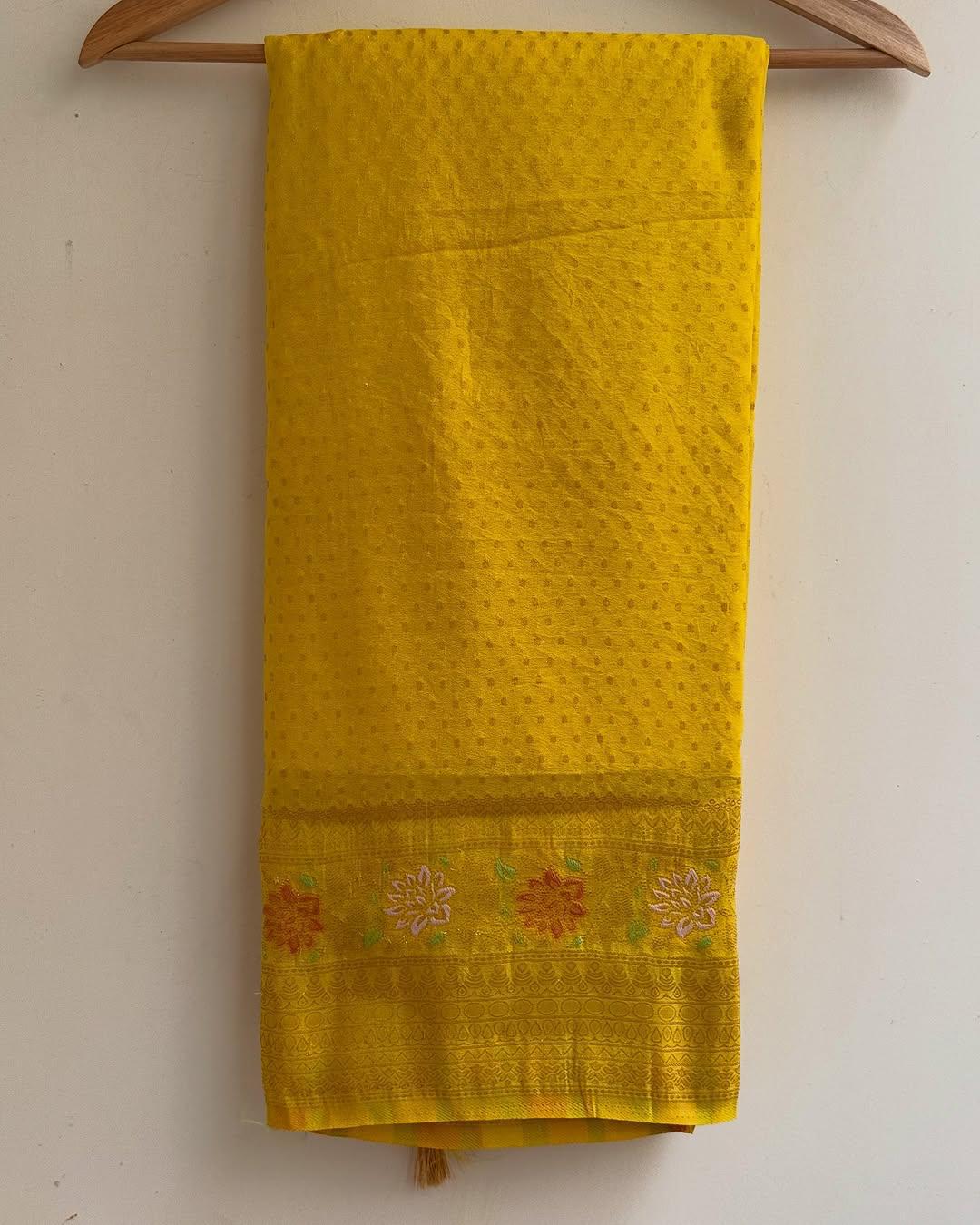 Impressive Yellow Soft Banarasi Silk Saree With Rhapsody Blouse Piece
