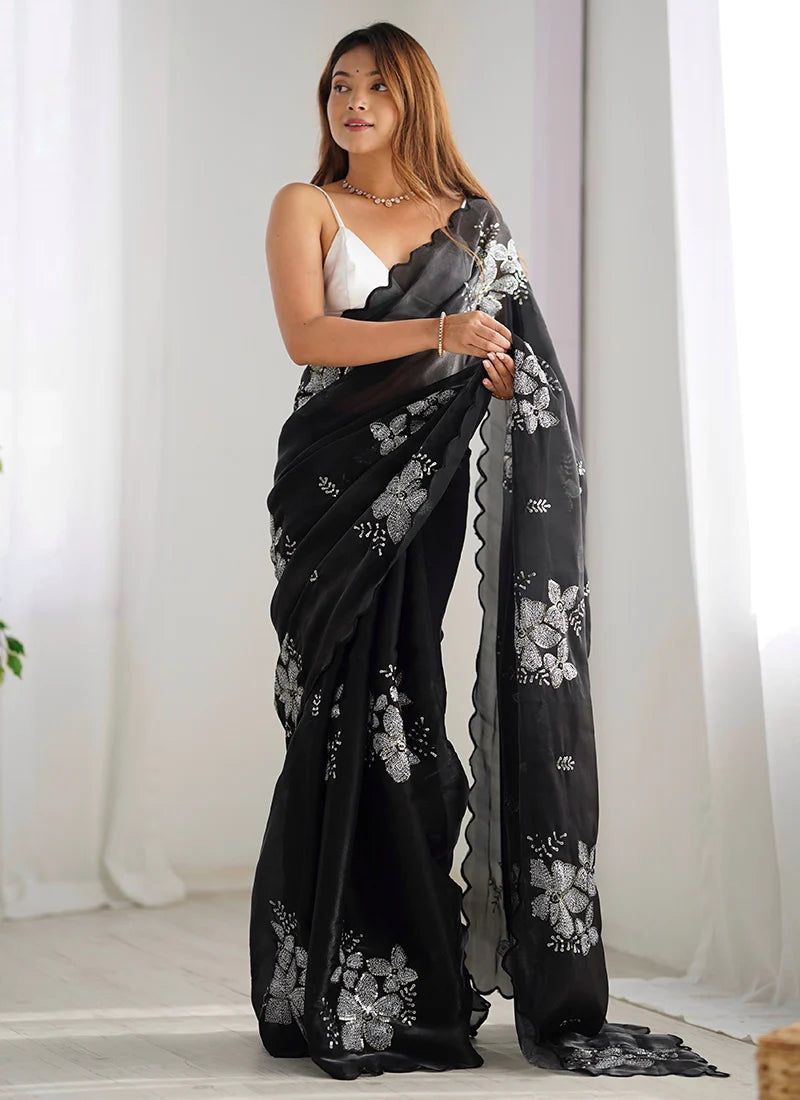 Imaginative Black Sequence Work Jimmy Choo Silk Saree With Preferable Blouse Piece