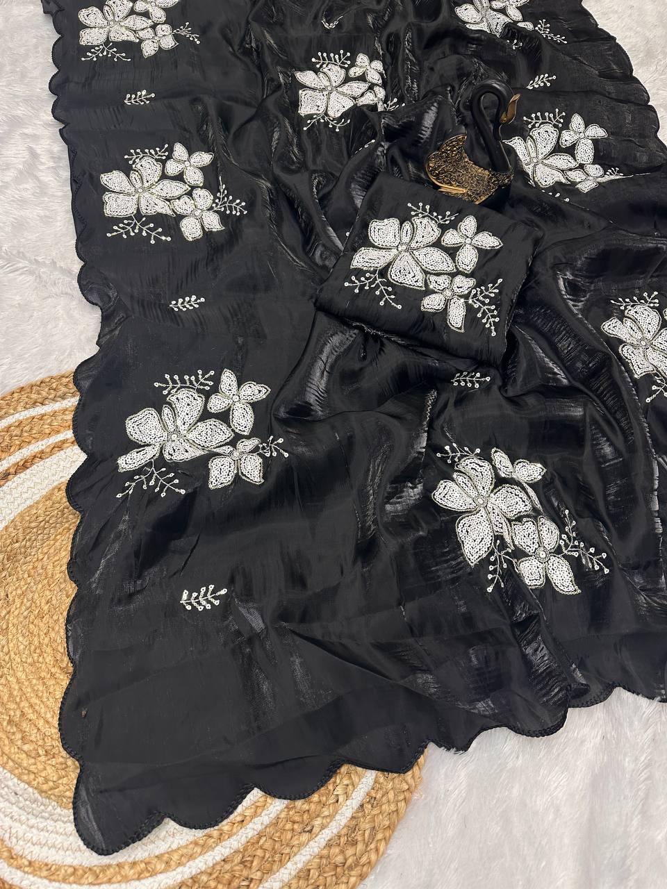 Imaginative Black Sequence Work Jimmy Choo Silk Saree With Preferable Blouse Piece