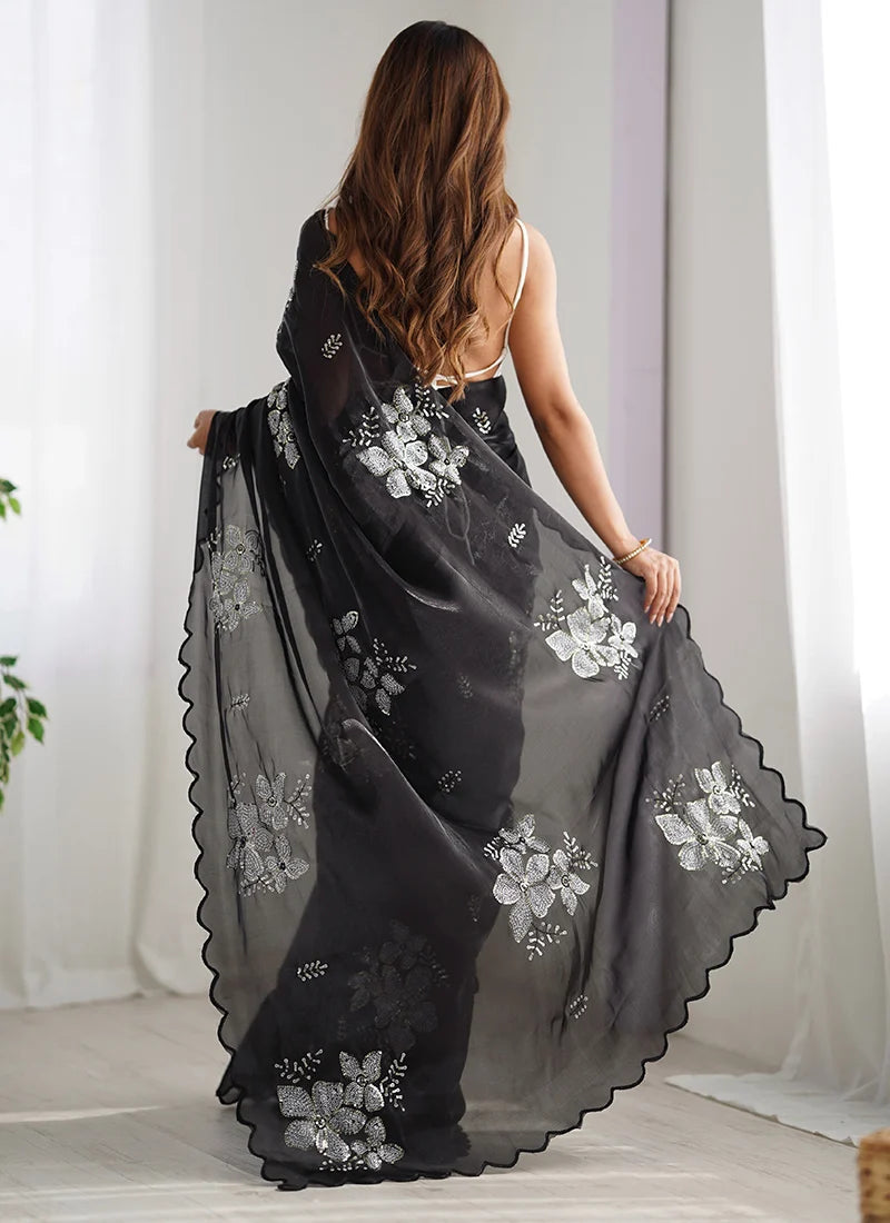 Imaginative Black Sequence Work Jimmy Choo Silk Saree With Preferable Blouse Piece