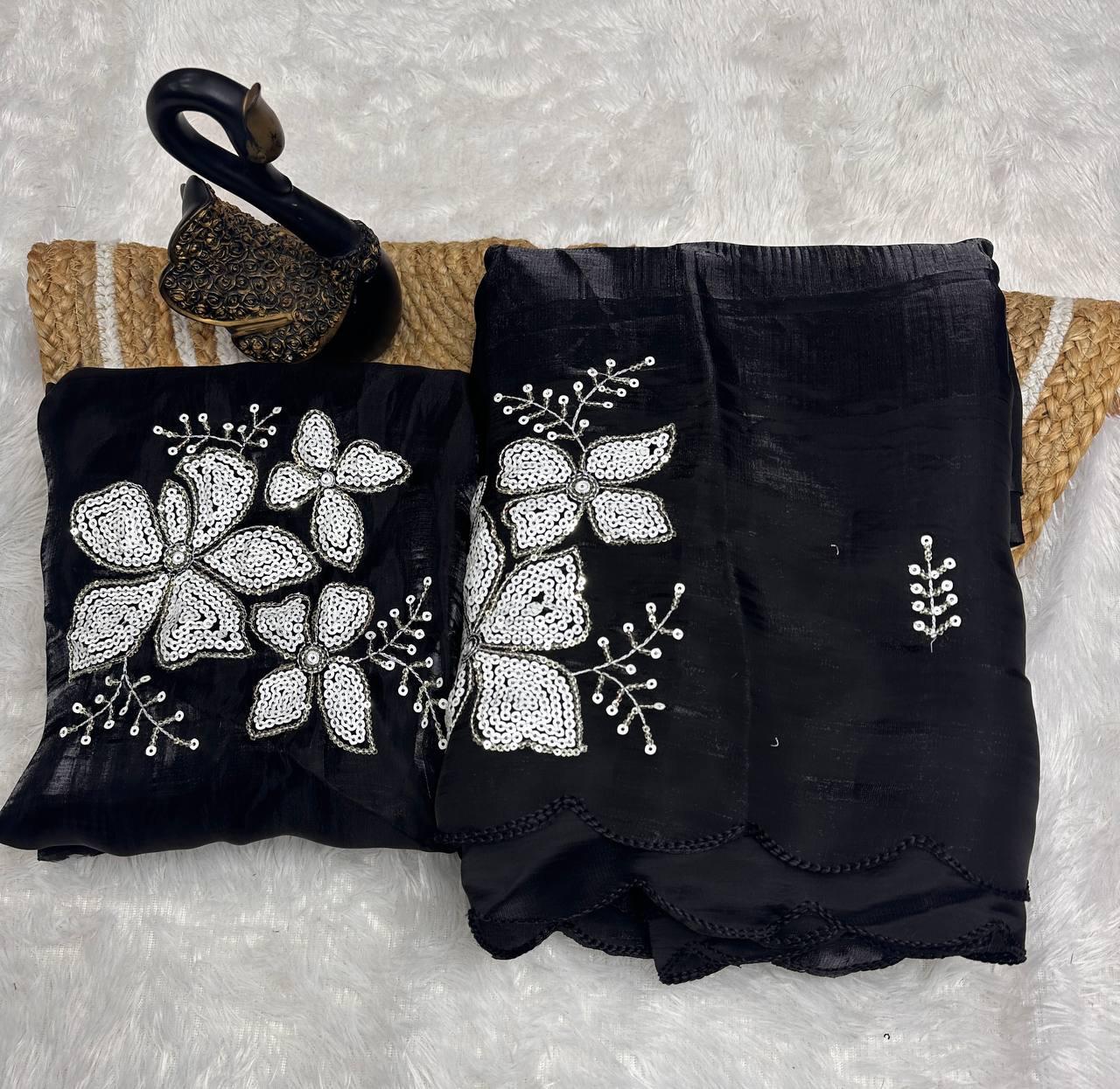 Imaginative Black Sequence Work Jimmy Choo Silk Saree With Preferable Blouse Piece