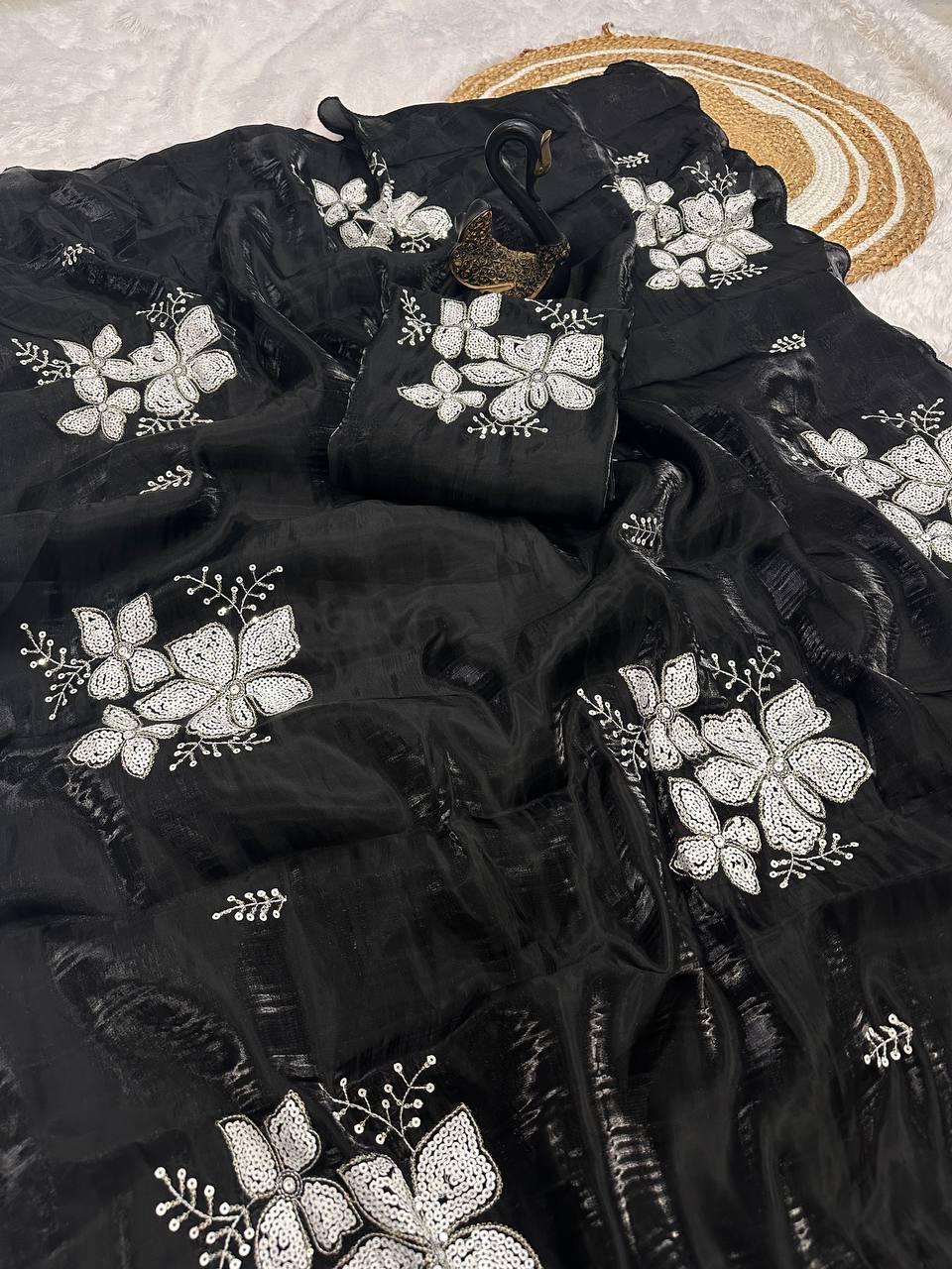 Imaginative Black Sequence Work Jimmy Choo Silk Saree With Preferable Blouse Piece