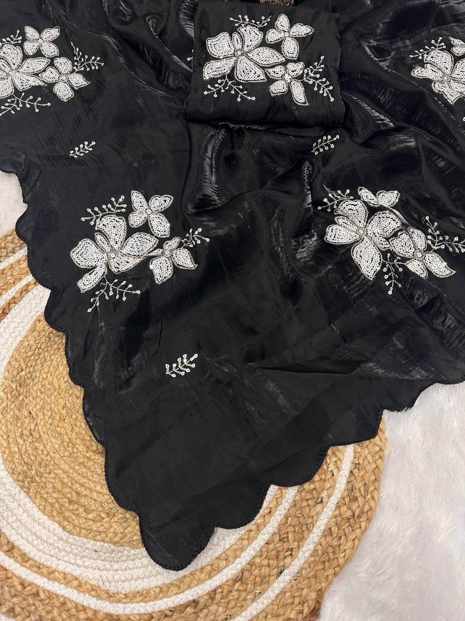 Imaginative Black Sequence Work Jimmy Choo Silk Saree With Preferable Blouse Piece