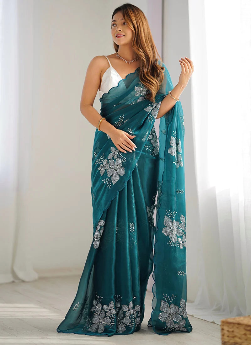 Flameboyant Blue Sequence Work Jimmy Choo Silk Saree With Flamboyant Blouse Piece