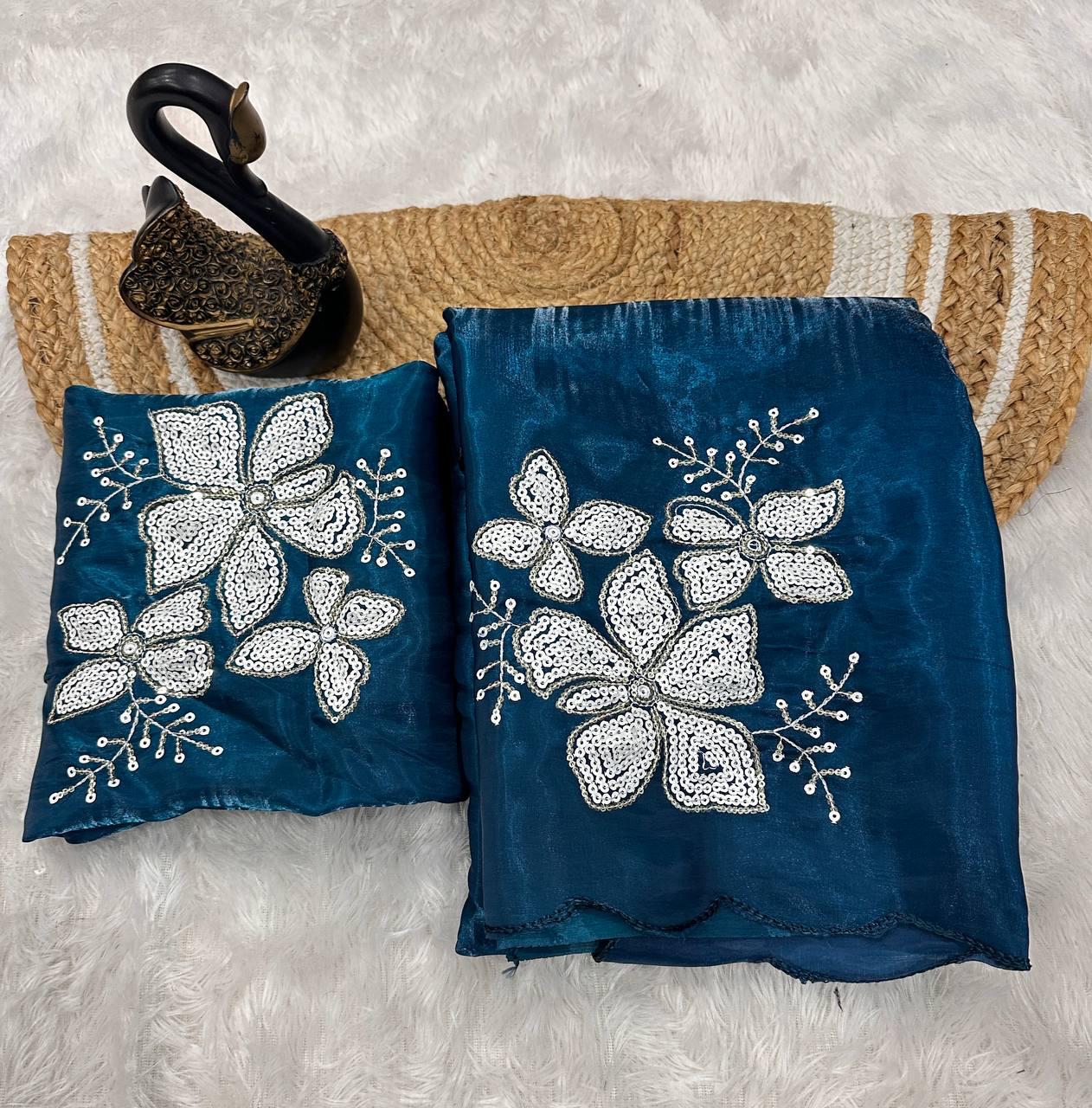 Flameboyant Blue Sequence Work Jimmy Choo Silk Saree With Flamboyant Blouse Piece