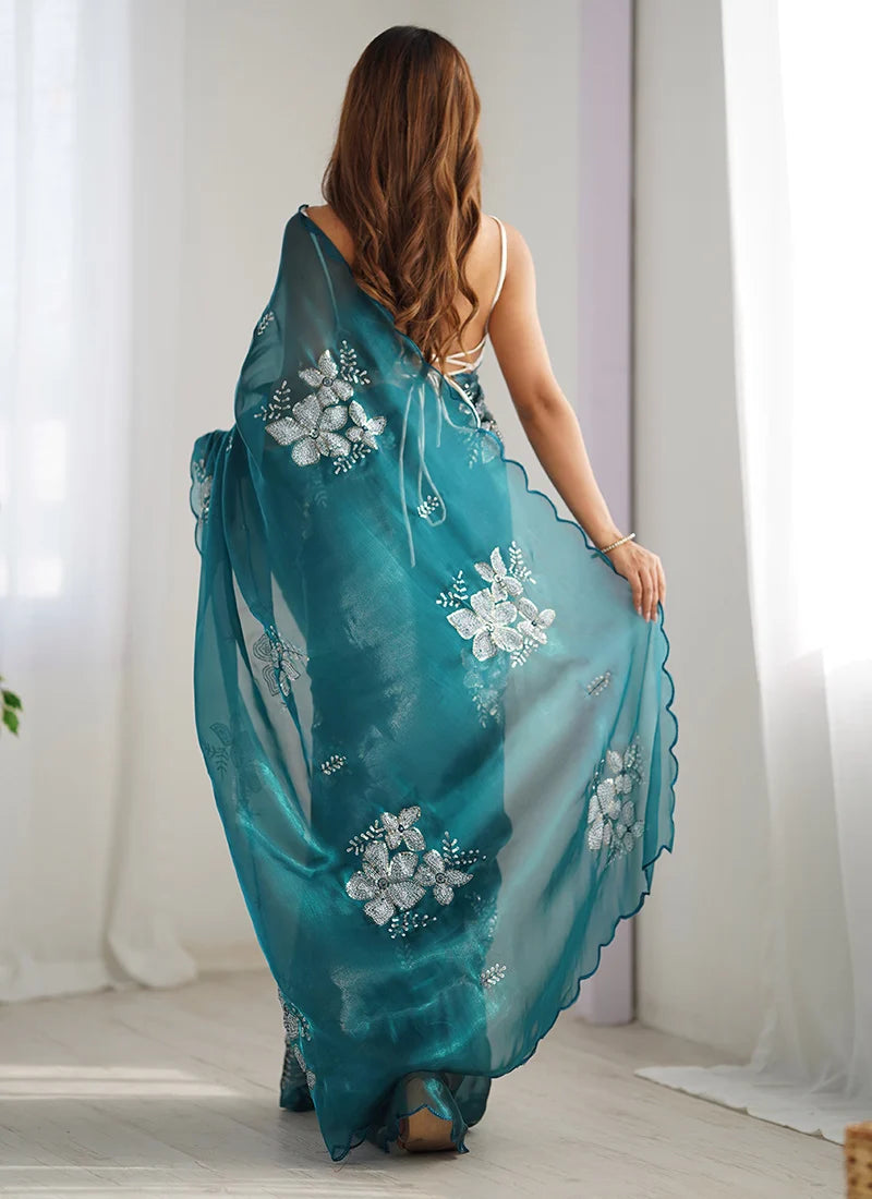 Flameboyant Blue Sequence Work Jimmy Choo Silk Saree With Flamboyant Blouse Piece
