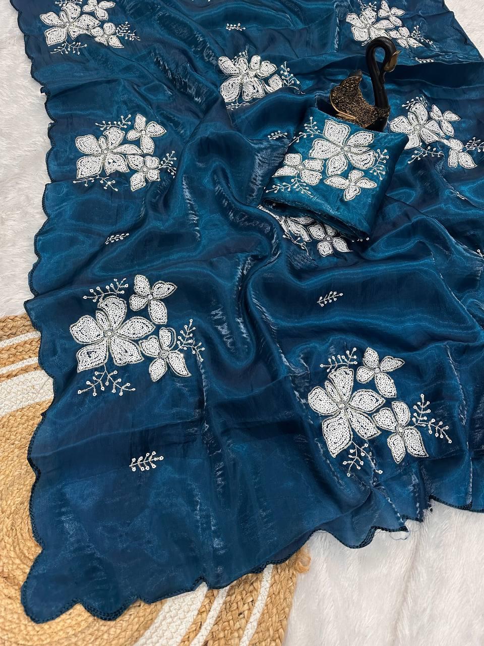 Flameboyant Blue Sequence Work Jimmy Choo Silk Saree With Flamboyant Blouse Piece