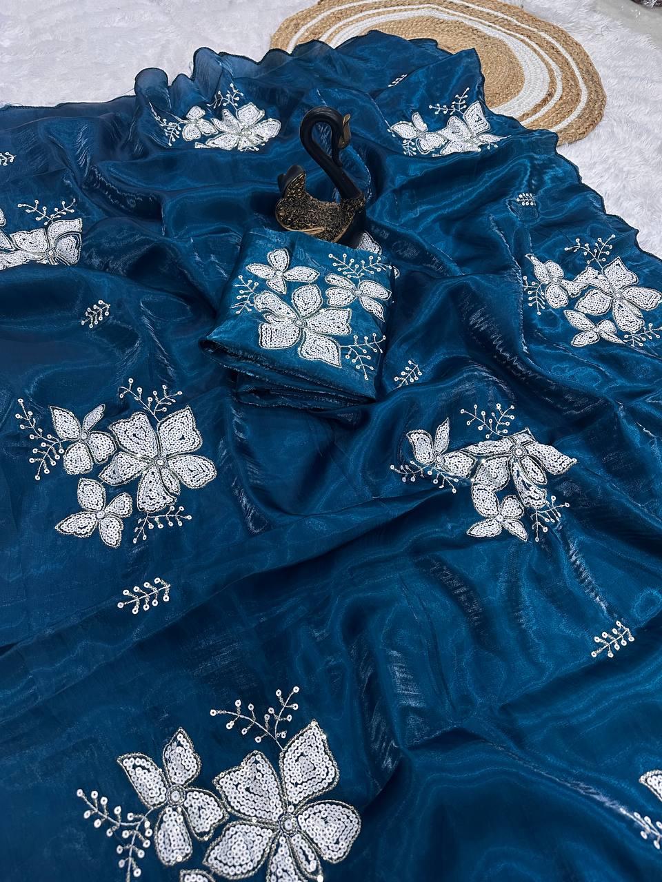 Flameboyant Blue Sequence Work Jimmy Choo Silk Saree With Flamboyant Blouse Piece