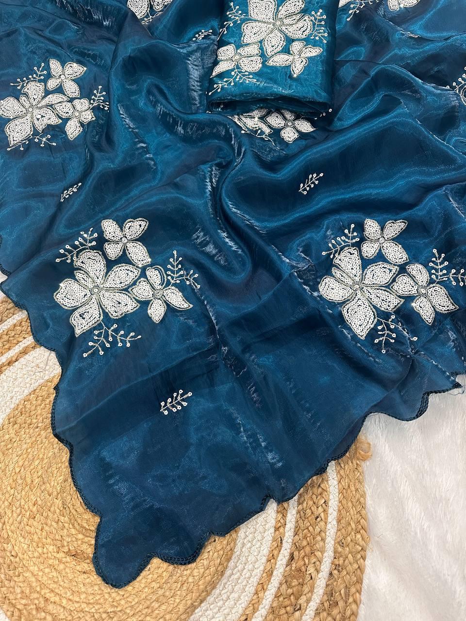 Flameboyant Blue Sequence Work Jimmy Choo Silk Saree With Flamboyant Blouse Piece