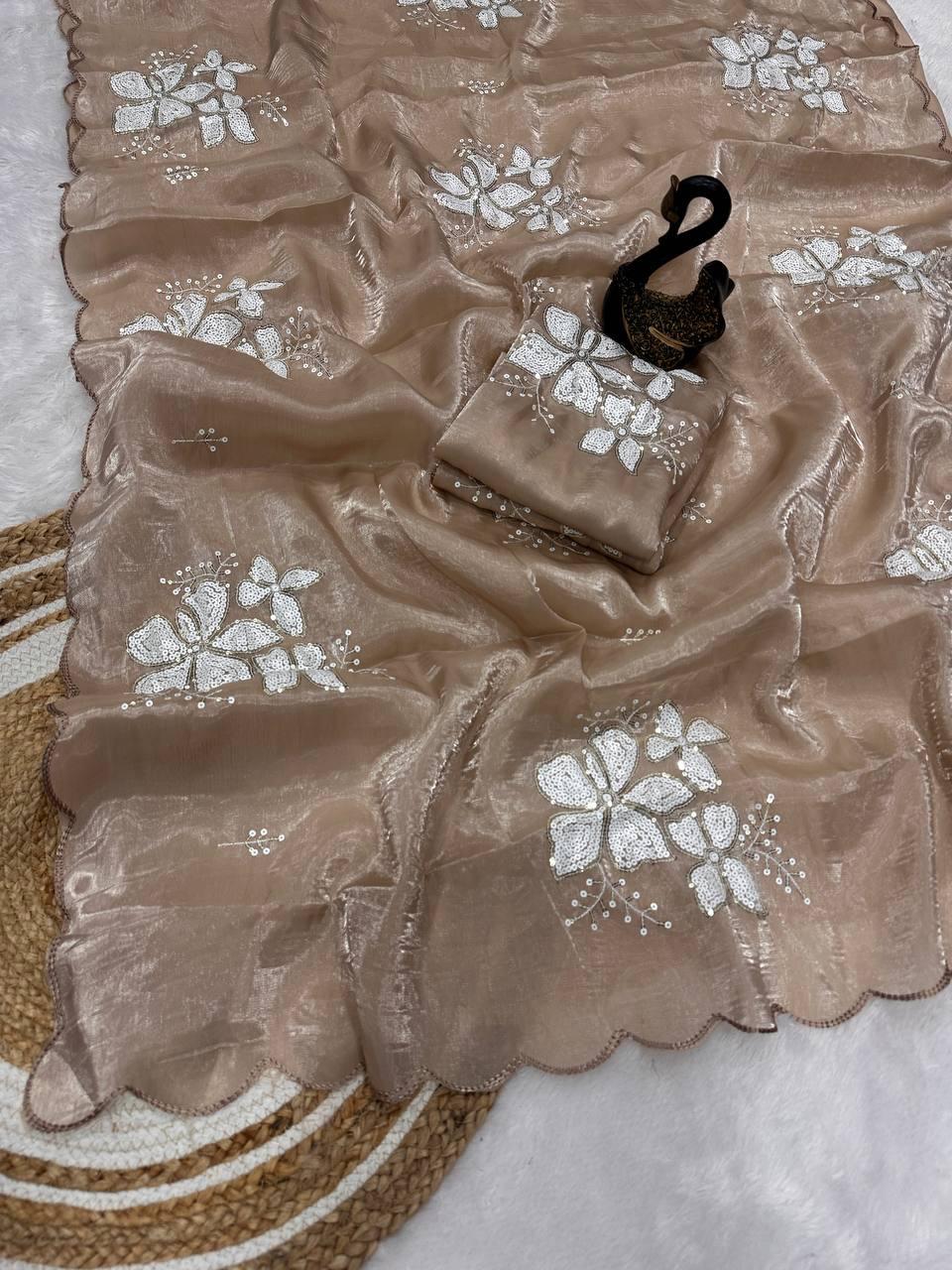 Epiphany Brown Sequence Work Jimmy Choo Silk Saree With Enigmatic Blouse Piece