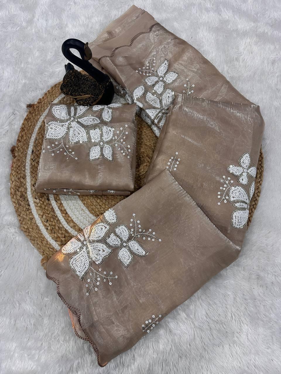 Epiphany Brown Sequence Work Jimmy Choo Silk Saree With Enigmatic Blouse Piece