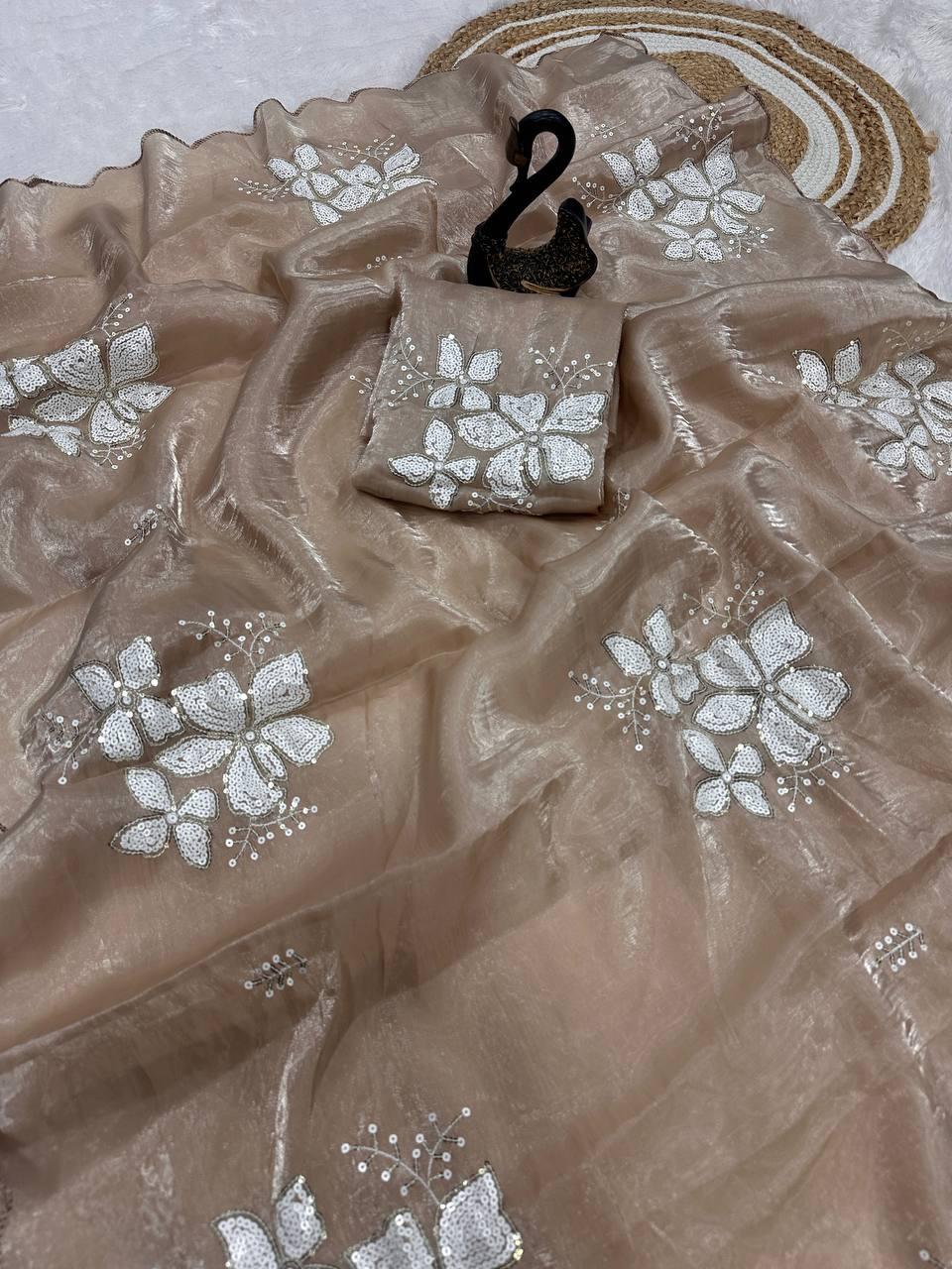 Epiphany Brown Sequence Work Jimmy Choo Silk Saree With Enigmatic Blouse Piece