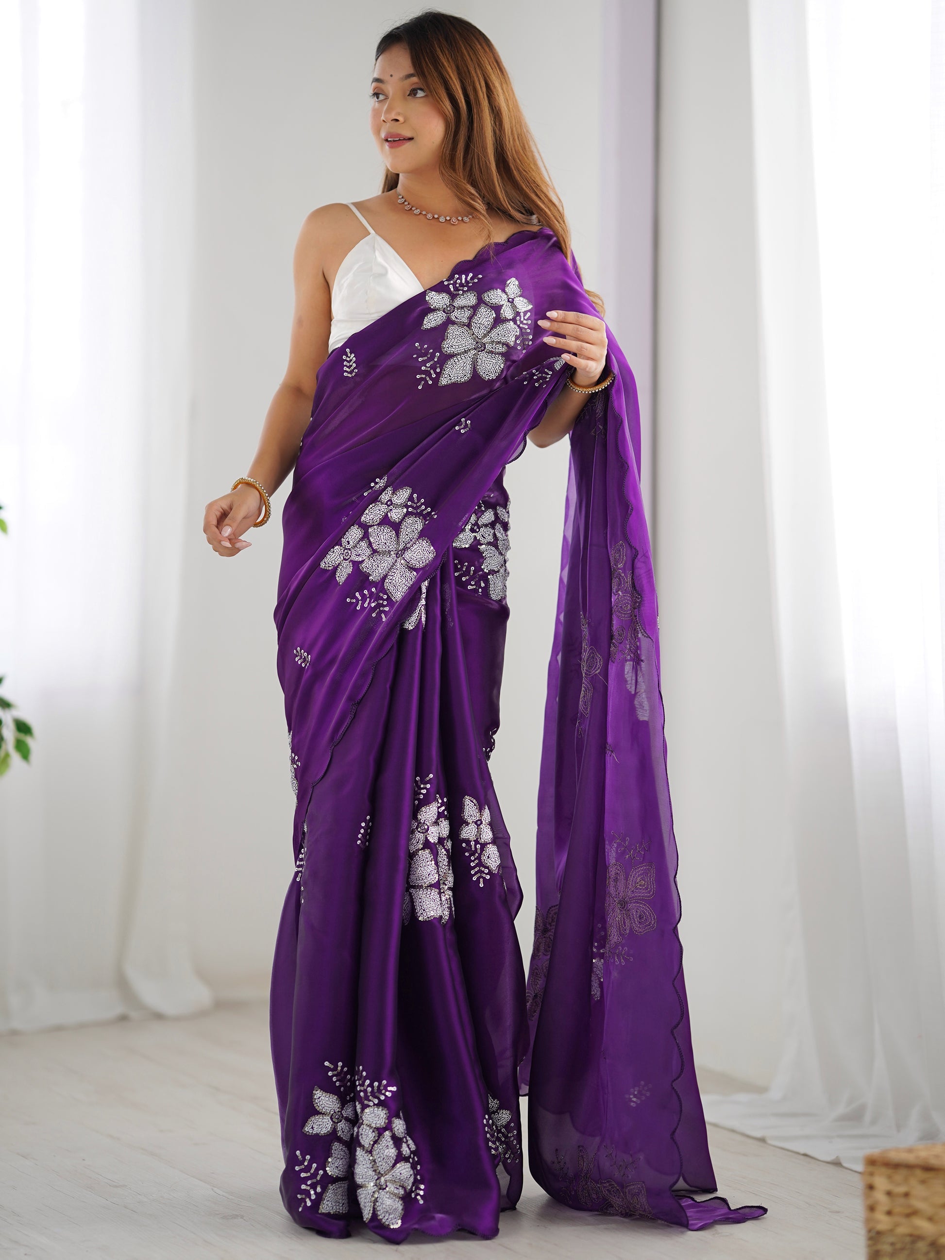 Pleasant Purple Sequence Work Jimmy Choo Silk Saree With Majestic Blouse Piece