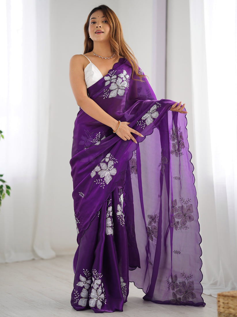 Pleasant Purple Sequence Work Jimmy Choo Silk Saree With Majestic Blouse Piece