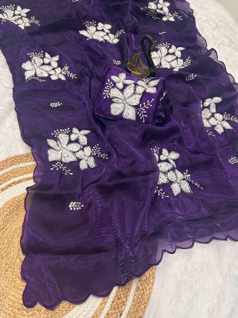 Pleasant Purple Sequence Work Jimmy Choo Silk Saree With Majestic Blouse Piece