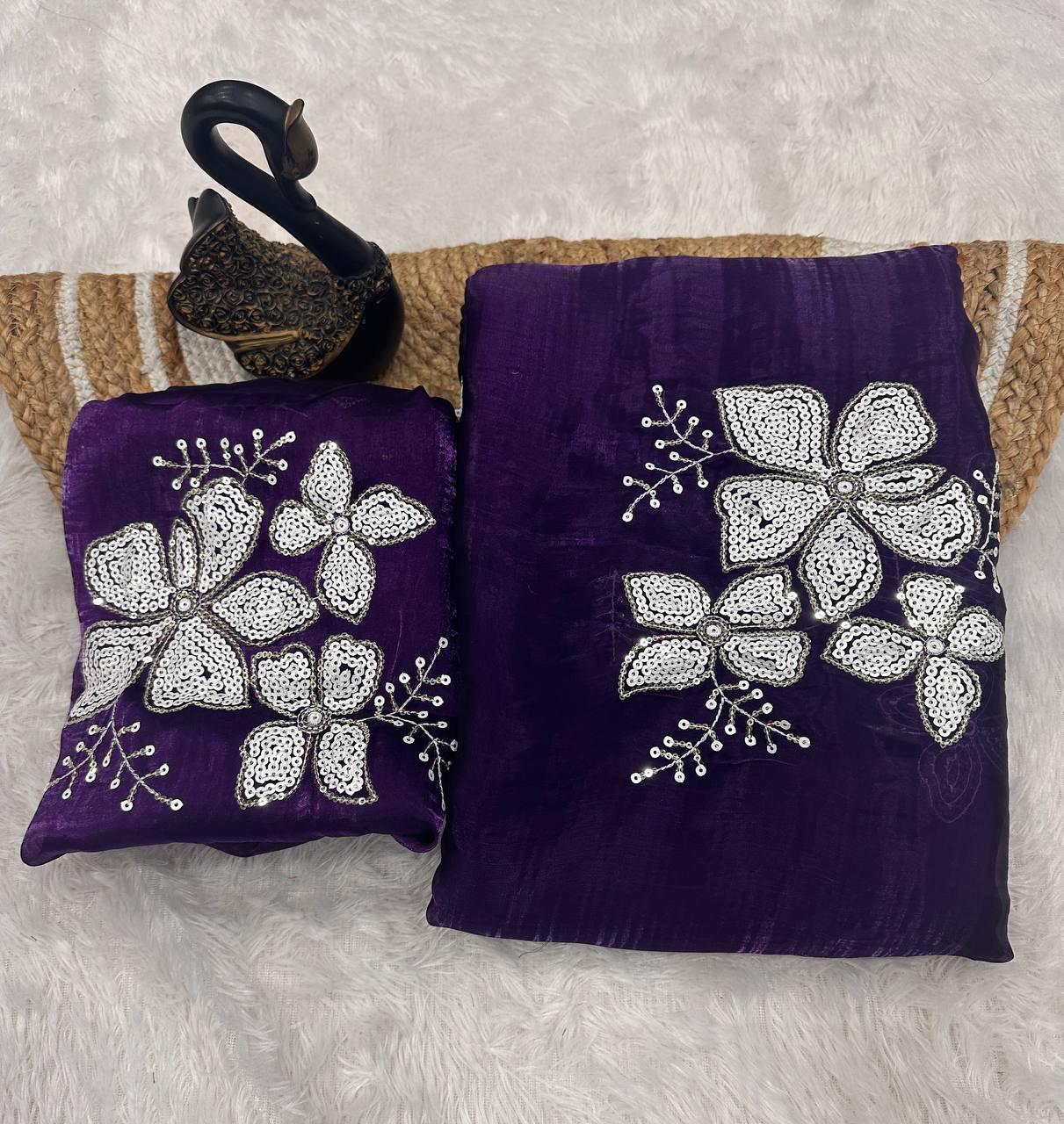 Pleasant Purple Sequence Work Jimmy Choo Silk Saree With Majestic Blouse Piece