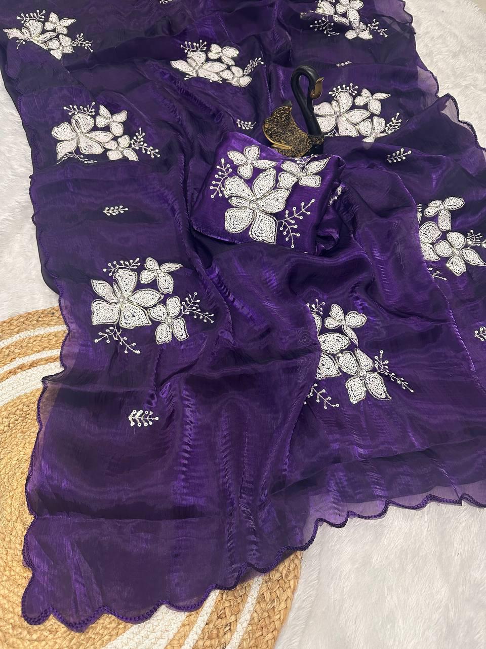 Pleasant Purple Sequence Work Jimmy Choo Silk Saree With Majestic Blouse Piece