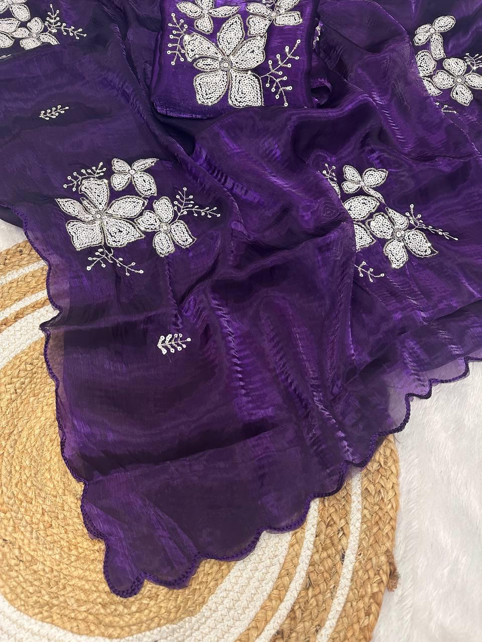 Pleasant Purple Sequence Work Jimmy Choo Silk Saree With Majestic Blouse Piece