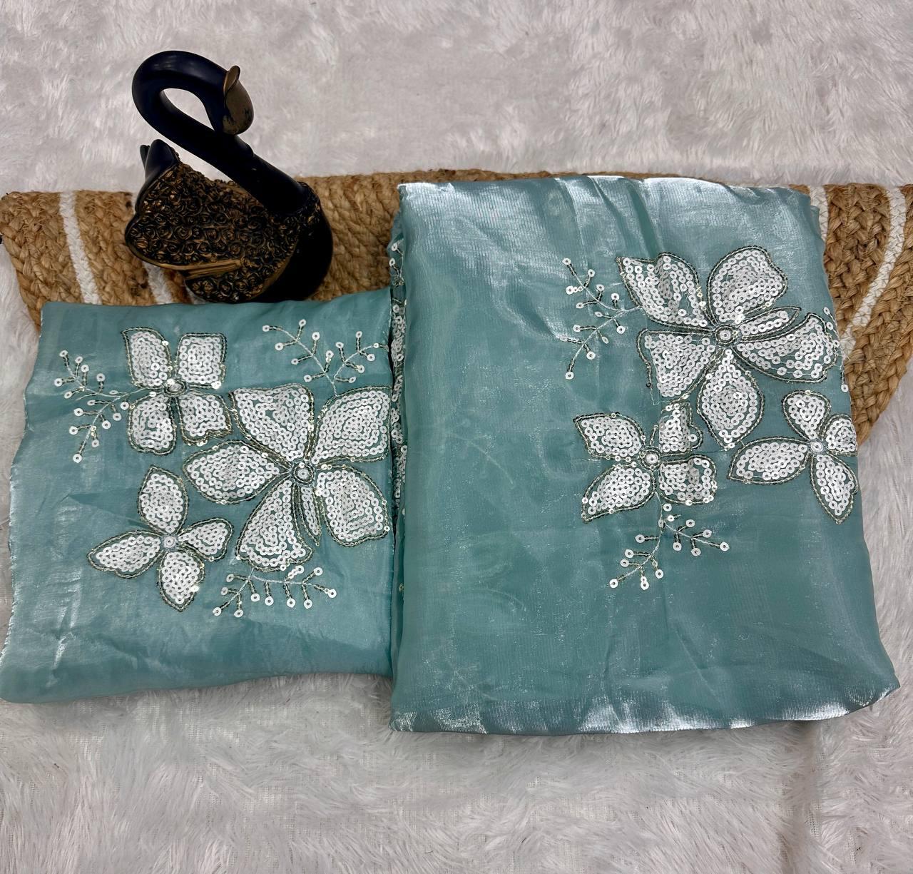 Diaphanous Sky Sequence Work Jimmy Choo Silk Saree With Dalliance Blouse Piece