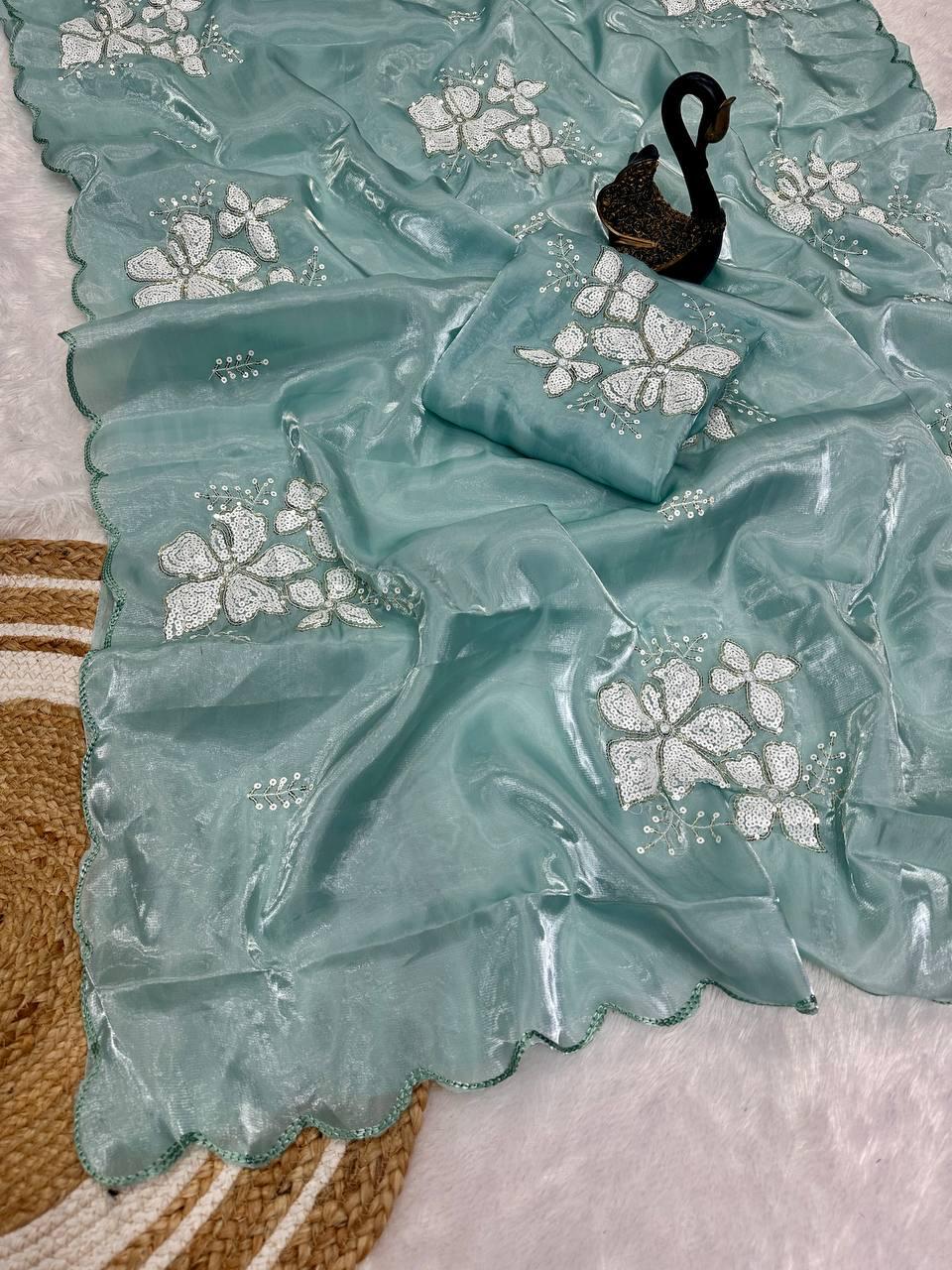 Diaphanous Sky Sequence Work Jimmy Choo Silk Saree With Dalliance Blouse Piece