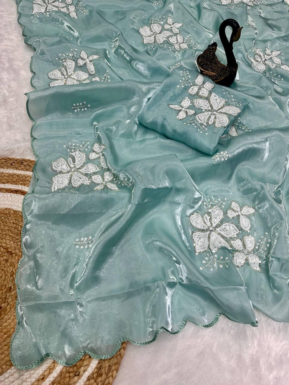 Diaphanous Sky Sequence Work Jimmy Choo Silk Saree With Dalliance Blouse Piece