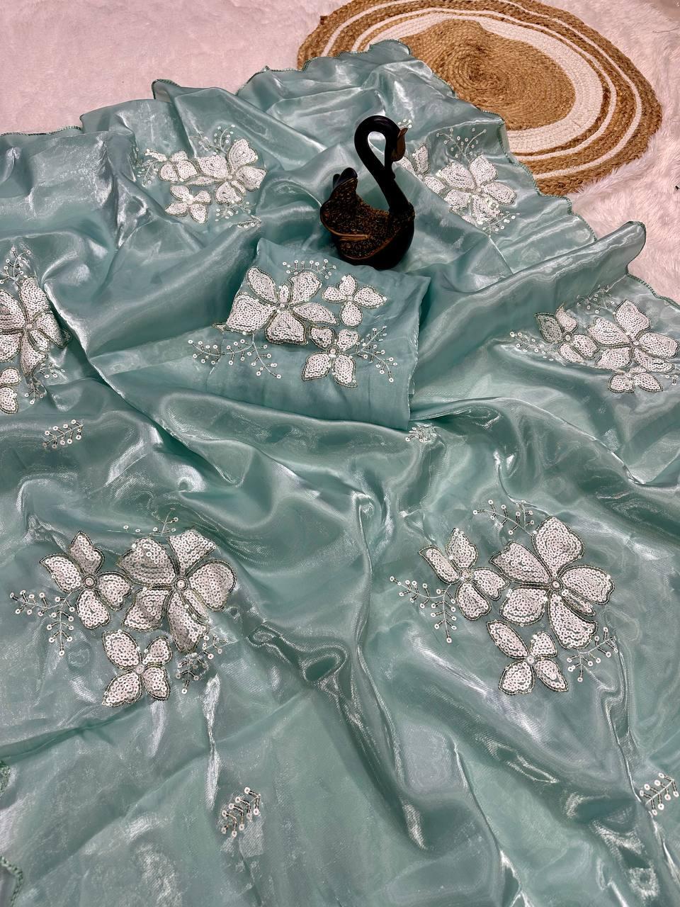 Diaphanous Sky Sequence Work Jimmy Choo Silk Saree With Dalliance Blouse Piece