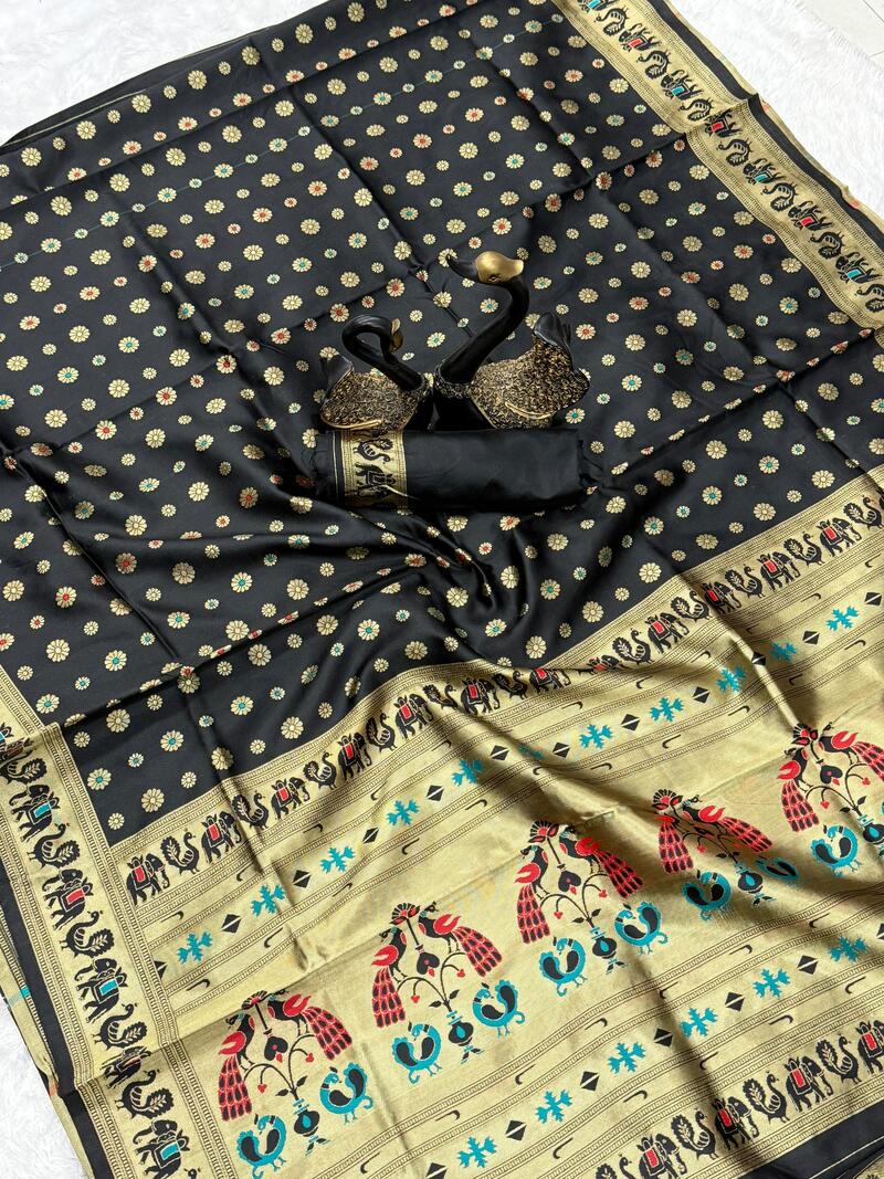 Adoring Black Paithani Silk Saree With Rhapsodic Blouse Piece