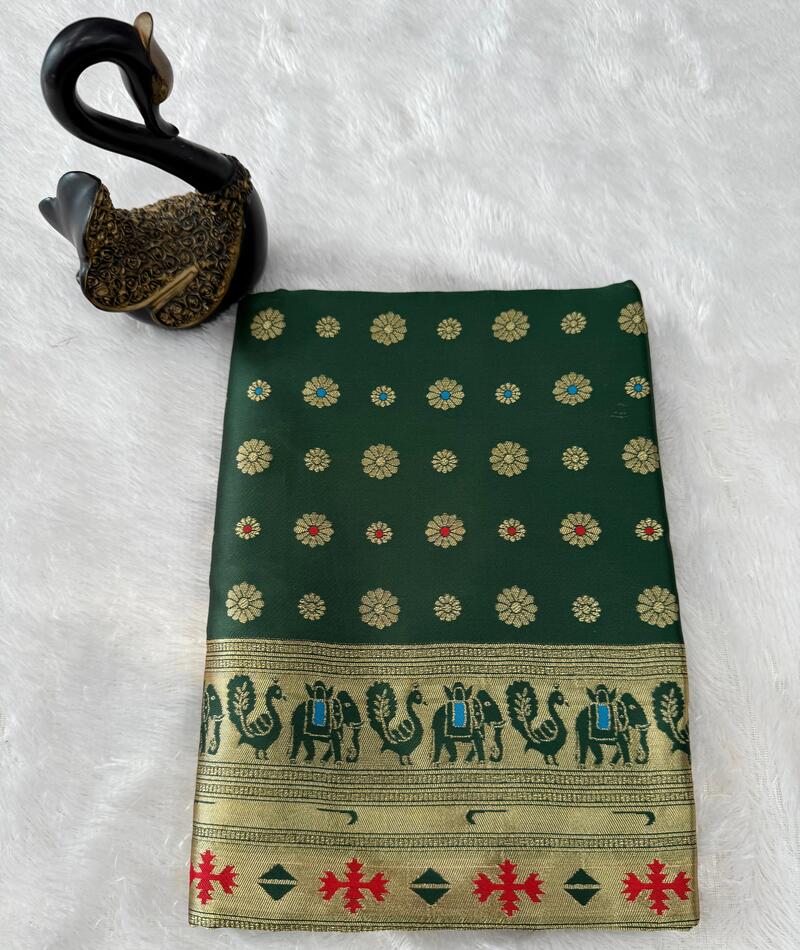 Captivating Dark Green Paithani Silk Saree With Winsome Blouse Piece