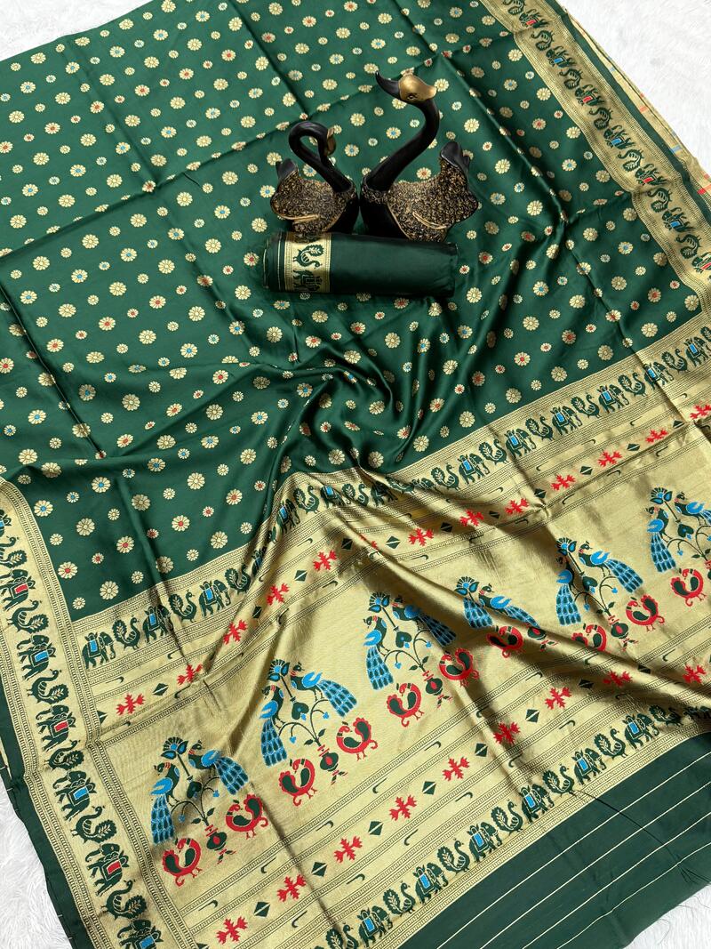 Captivating Dark Green Paithani Silk Saree With Winsome Blouse Piece