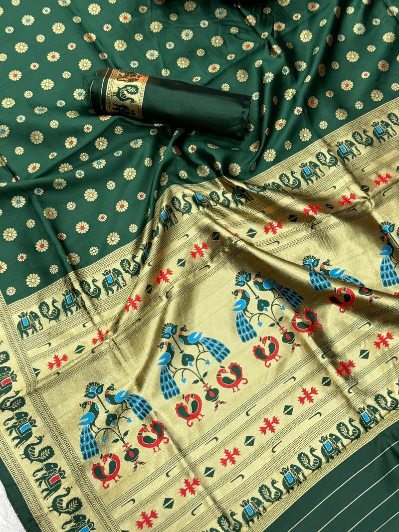 Captivating Dark Green Paithani Silk Saree With Winsome Blouse Piece
