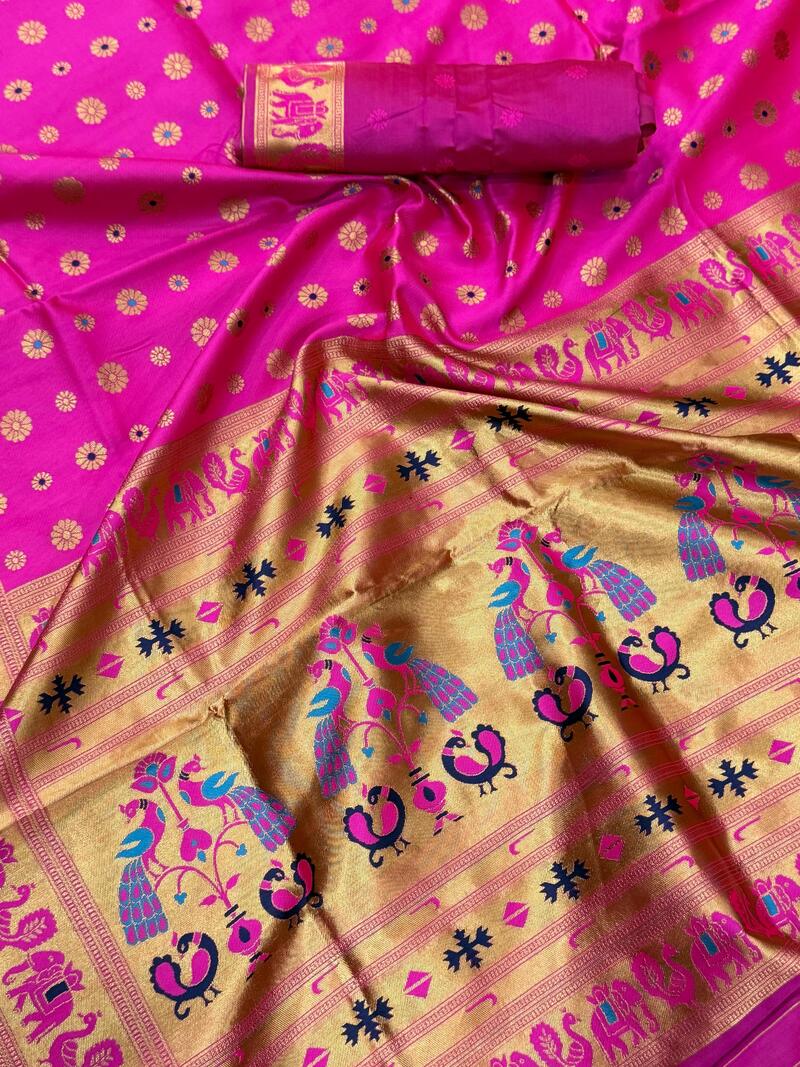 Breathtaking Dark Pink Paithani Silk Saree With Fantabulous Blouse Piece
