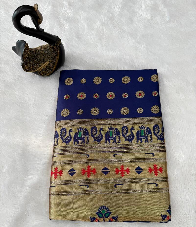 Flaunt Navy Blue Paithani Silk Saree With Whimsical Blouse Piece