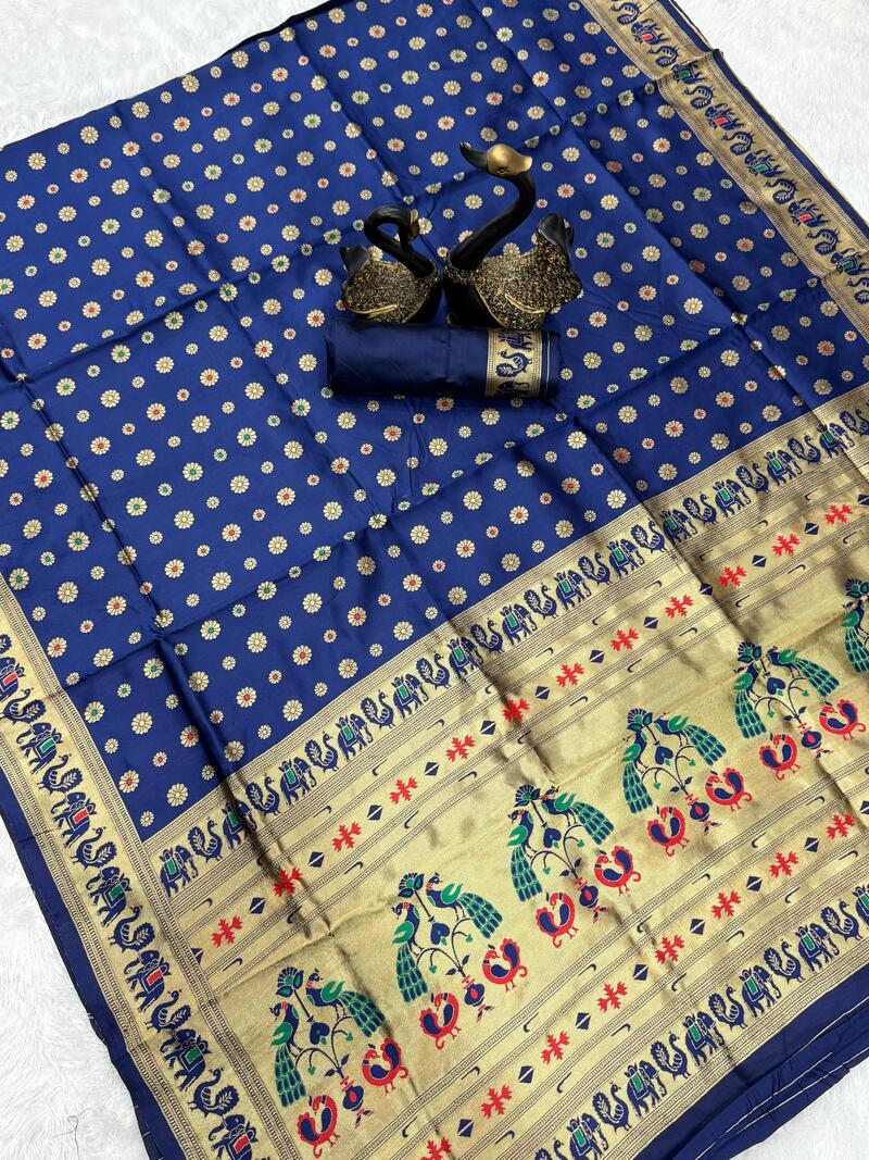 Flaunt Navy Blue Paithani Silk Saree With Whimsical Blouse Piece