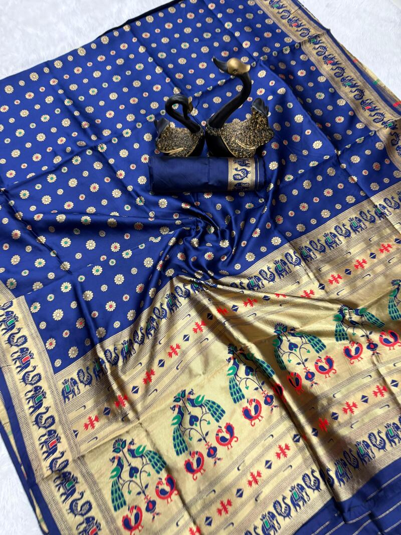 Flaunt Navy Blue Paithani Silk Saree With Whimsical Blouse Piece