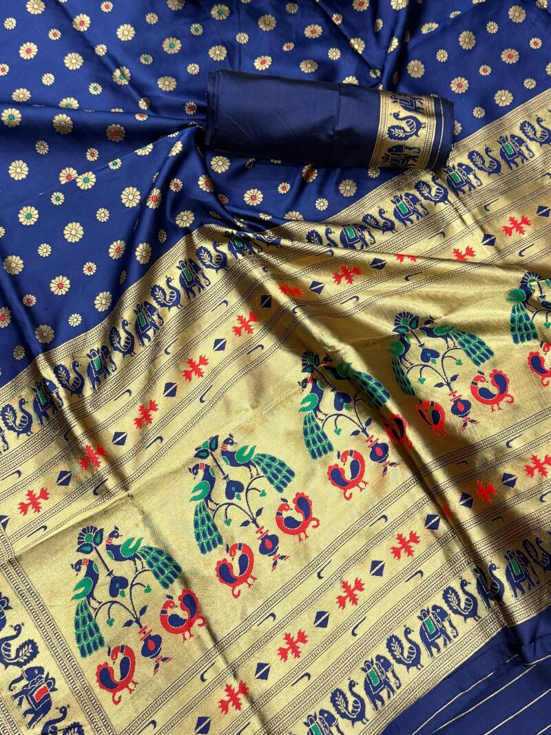 Flaunt Navy Blue Paithani Silk Saree With Whimsical Blouse Piece