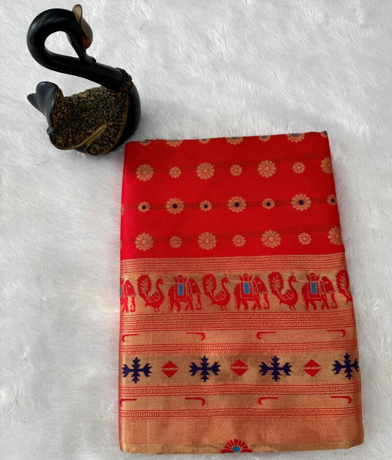 Confounding Red Paithani Silk Saree With Girlish Blouse Piece