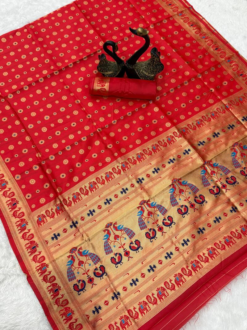 Confounding Red Paithani Silk Saree With Girlish Blouse Piece