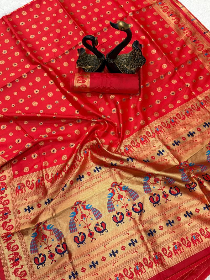 Confounding Red Paithani Silk Saree With Girlish Blouse Piece
