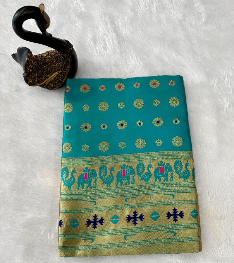 Adorable Turquoise Paithani Silk Saree With Ephemeral Blouse Piece