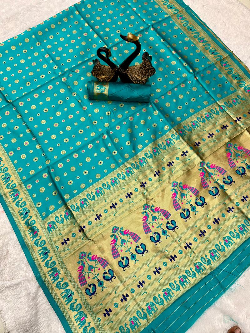 Adorable Turquoise Paithani Silk Saree With Ephemeral Blouse Piece