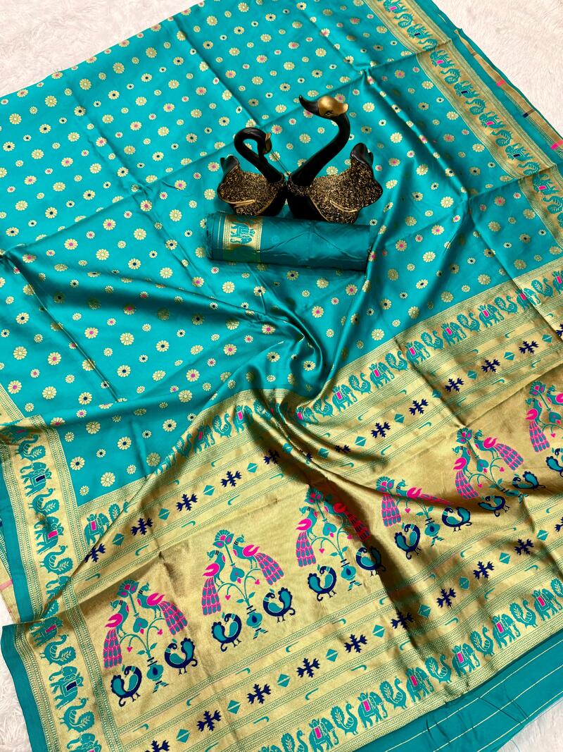 Adorable Turquoise Paithani Silk Saree With Ephemeral Blouse Piece