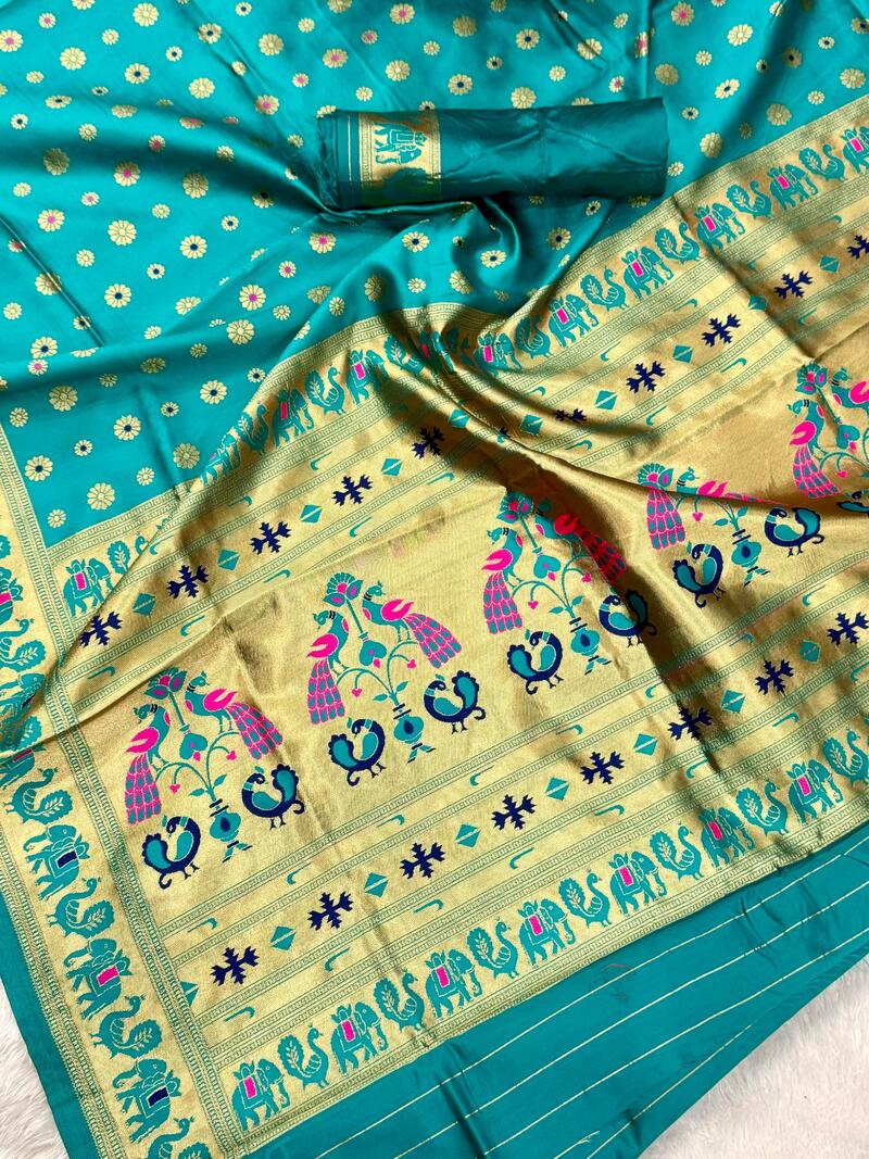 Adorable Turquoise Paithani Silk Saree With Ephemeral Blouse Piece
