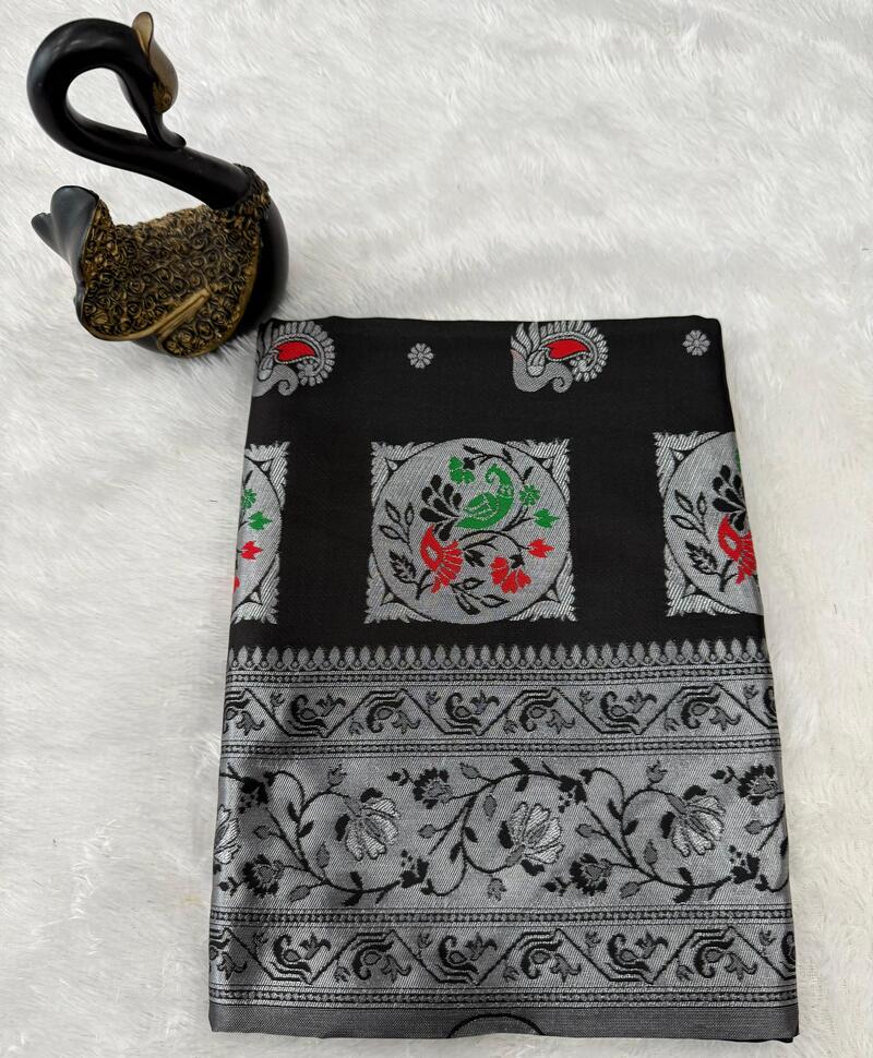 Forbearance Black Paithani Silk Saree With Luminous Blouse Piece