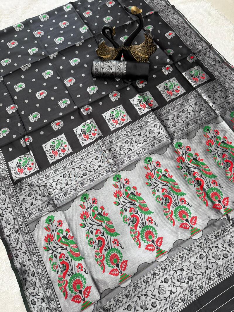 Forbearance Black Paithani Silk Saree With Luminous Blouse Piece