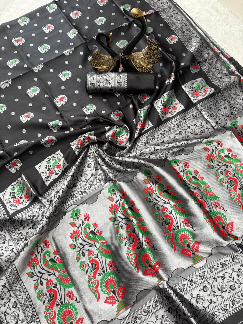 Forbearance Black Paithani Silk Saree With Luminous Blouse Piece