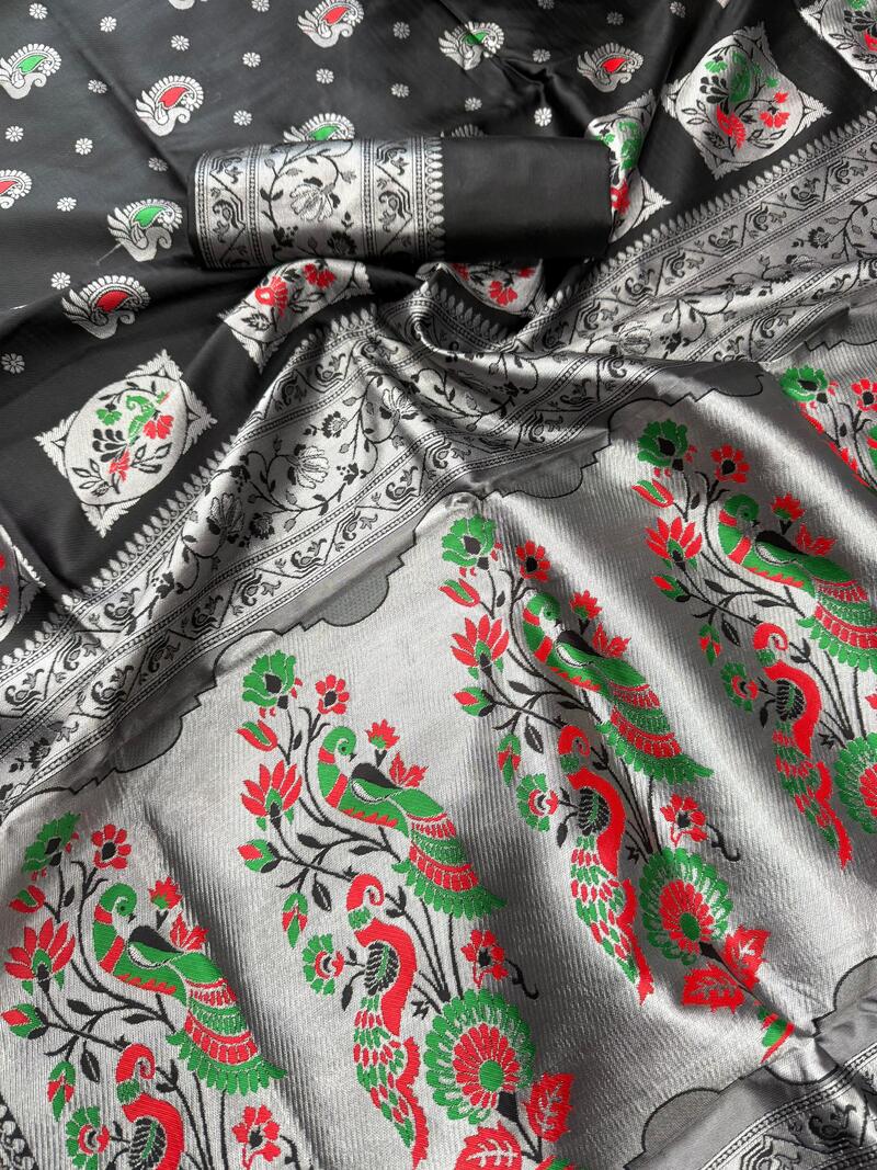 Forbearance Black Paithani Silk Saree With Luminous Blouse Piece