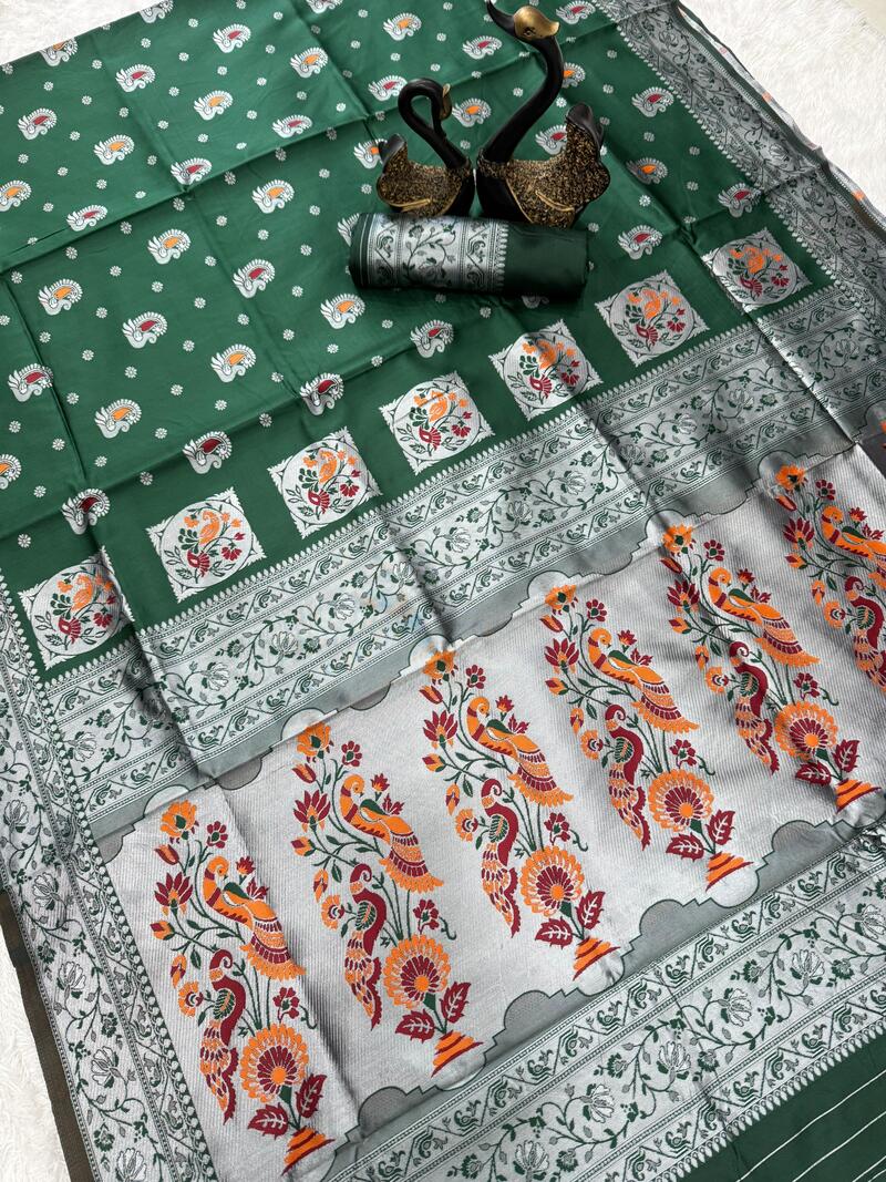 Quixotic Dark Green Paithani Silk Saree With Eloquence Blouse Piece