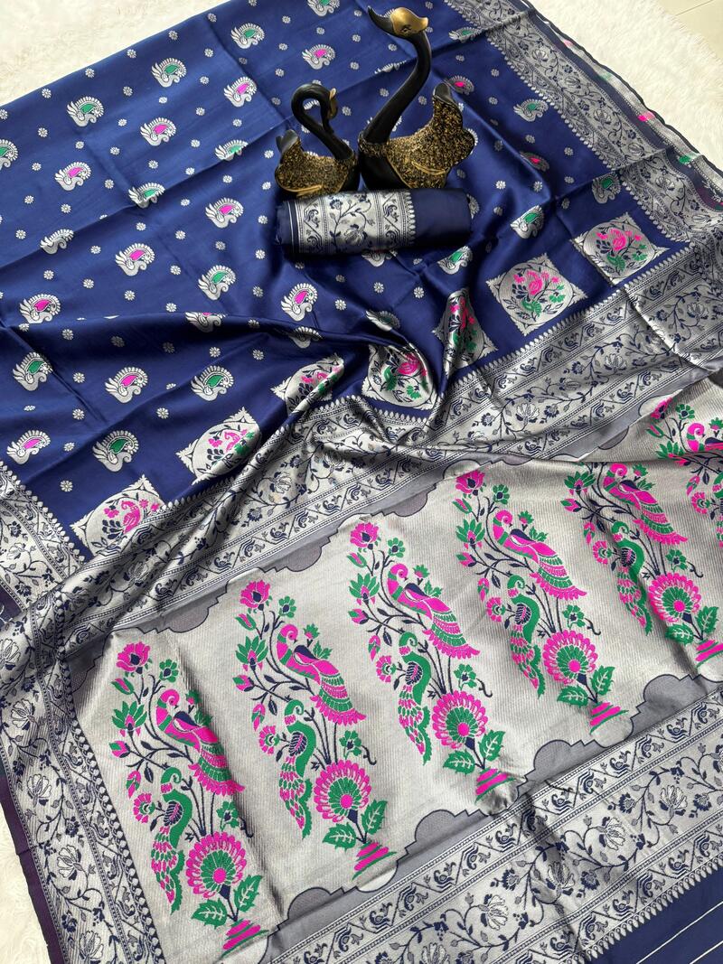 Petrichor Navy Blue Paithani Silk Saree With Most Flattering Blouse Piece