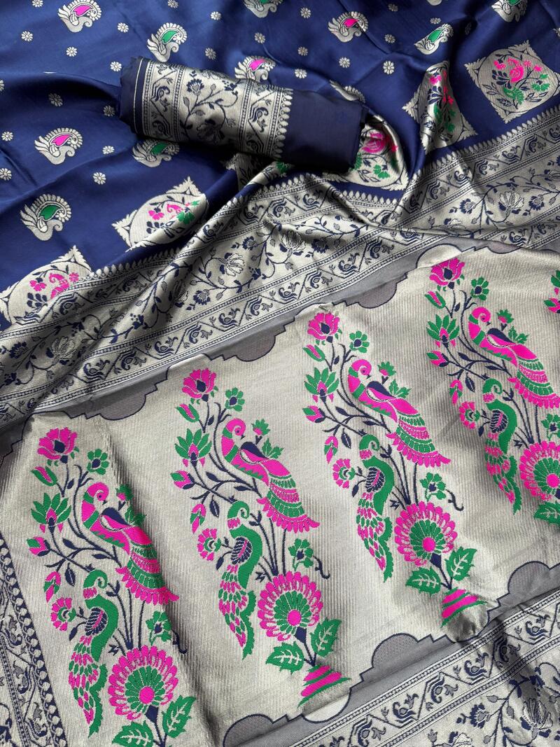 Petrichor Navy Blue Paithani Silk Saree With Most Flattering Blouse Piece